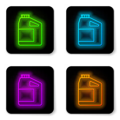 Glowing neon line Canister for motor machine oil icon isolated on white background. Oil gallon. Oil change service and repair. Engine oil sign. Black square button. Vector.