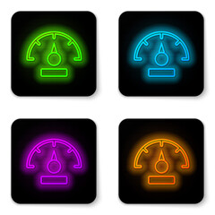 Glowing neon line Speedometer icon isolated on white background. Black square button. Vector.