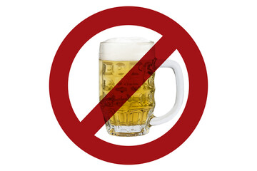 prohibition sign against beer mug on white background
