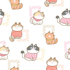 Seamless Pattern with Cute Cartoon Cat Illustration Design on White Background