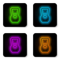 Glowing neon line Kettlebell icon isolated on white background. Sport equipment. Black square button. Vector.