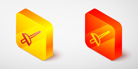 Isometric line Fencing icon isolated on grey background. Sport equipment. Yellow and orange square button. Vector.