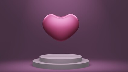 3d render of glowing heart floating on pedestal, purple color monochrome, valentines day greeting card concept 
