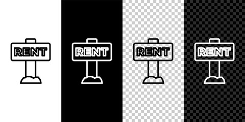 Set line Hanging sign with text Rent icon isolated on black and white, transparent background. Signboard with text For Rent. Vector.