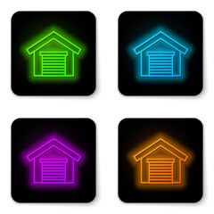 Glowing neon line Garage icon isolated on white background. Black square button. Vector.