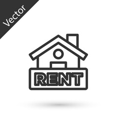 Grey line Hanging sign with text Rent icon isolated on white background. Signboard with text For Rent. Vector.