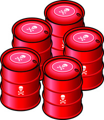 Waste storage drums - red; marked with skull and crossbones symbol.