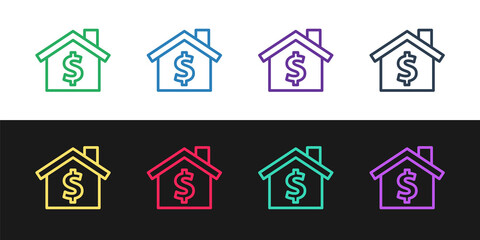 Set line House with dollar symbol icon isolated on black and white background. Home and money. Real estate concept. Vector.