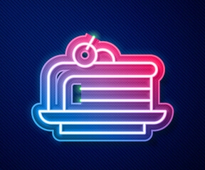 Glowing neon line Piece of cake icon isolated on blue background. Happy Birthday. Vector.