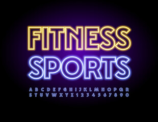 Vector glowing sign Fitness Sport. Bright Neon Alphabet Letters and Numbers set. Electric light Font