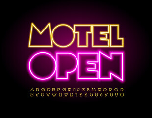 Vector business sign Motel Open. Bright glowing Font. Electric Neon Alphabet Letters and Numbers set
