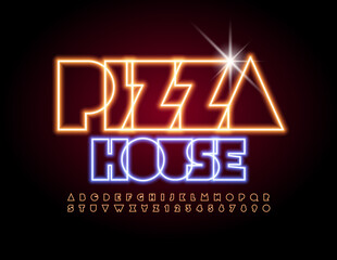 Fototapeta na wymiar Vector neon badge Pizza House. Abstract style Font. Glowing light Alphabet Letters and Numbers set