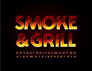 Fototapeta na wymiar Vector flaming sign Smoke and Grill. Fire pattern Font. Burning Alphabet Letters and Numbers set