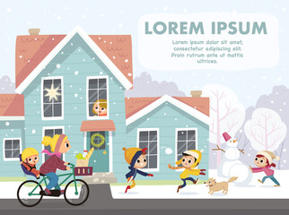 Naklejka premium Children play outdoor in winter on Christmas.Winter season, snowfall, cold outside. Children girl look out the window.Vector illustration of a winter landscape. Kids making building snowman.