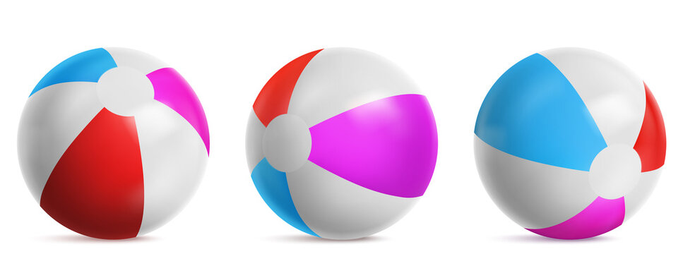 Inflatable Beach Ball, Striped Air Balloon For Play In Water, Sea Or Swim Pool. Vector Realistic Set Of Bright Rubber Beachball With Blue, Red And Pink Colors Isolated On White Background