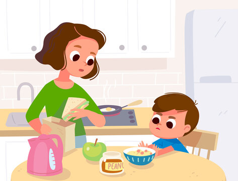 Vector. Baby child refuses to eat breakfast. Mother feeds child boy, kid, but he push plate with porridge off. Baby is not eating solid food. Son have no appetite.