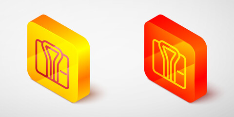 Isometric line Bathrobe icon isolated on grey background. Yellow and orange square button. Vector.