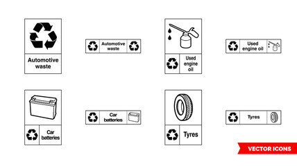 Automotive recycling signs icon set of color types. Isolated vector sign symbols. Icon pack.