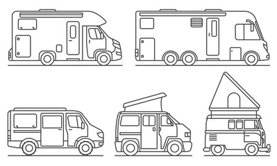 5 unterschiedliche Campingmobile, als Icons
