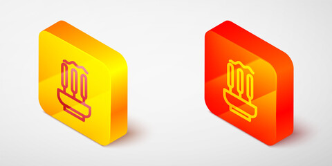 Isometric line Burning aromatic incense sticks icon isolated on grey background. Yellow and orange square button. Vector.