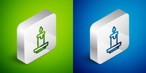 Isometric line Aroma candle icon isolated on green and blue background. Silver square button. Vector.