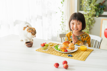 朝食をとる女の子と猫