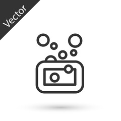 Grey line Bar of soap icon isolated on white background. Soap bar with bubbles. Vector.