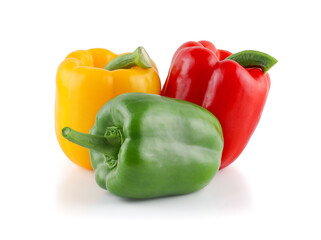 Fresh vegetables Three sweet Red, Yellow, Green bell peppers isolated on white background, Clipping path.