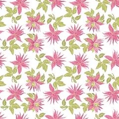 Plexiglas foto achterwand Vector illustration of exotic pink flowers and leaves. Floral pattern. White background. Suitable for fabric, wallpaper, notebooks, diaries, brochures, books, posters, backgrounds, covers, textiles © Olga