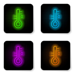 Glowing neon line Sauna thermometer icon isolated on white background. Sauna and bath equipment. Black square button. Vector.