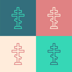 Obraz premium Pop art line Christian cross icon isolated on color background. Church cross. Vector.