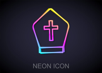 Obraz premium Glowing neon line Pope hat icon isolated on black background. Christian hat sign. Vector.