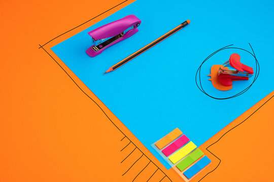 Sky. Stationery in bright pop colors with visual illusion effect, modern trendy line art. Collection, set for education. Youth culture, stylish things around us. Trendy creative workplace.