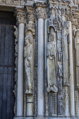 Architectural fragments of Roman Catholic Chartres Cathedral or Cathedral of Our Lady of Chartres (Cathedrale Notre Dame de Chartres, 1220). Chartres (80 km southwest of Paris), Eure-et-Loir, France.