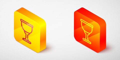 Isometric line Holy grail or chalice icon isolated on grey background. Christian chalice. Christianity icon. Yellow and orange square button. Vector.