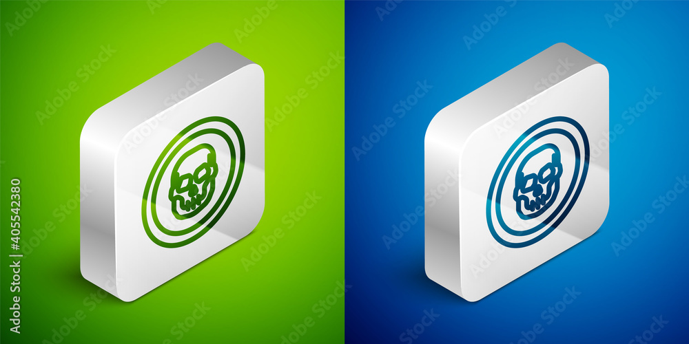 Sticker Isometric line Mexican skull coin icon isolated on green and blue background. Silver square button. Vector.