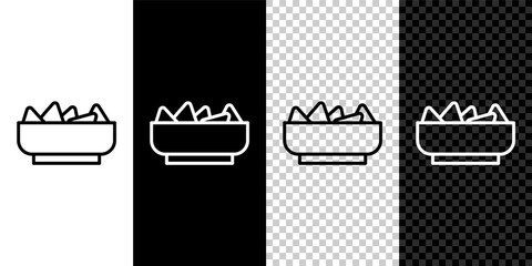 Set line Nachos in bowl icon isolated on black and white,transparent background. Tortilla chips or nachos tortillas. Traditional mexican fast food menu. Vector.