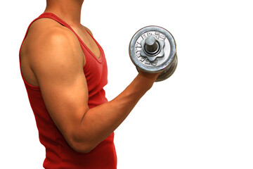 Muscular young man wearing a red singlet using his right hand lifting a dumbbell to train his bicep muscle