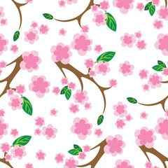 Seamless pattern of pink sakura flowers. Pattern of branch japanese cherry on white background. Flat cartoon style.