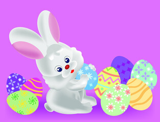 Vector image. Easter holiday. The image of a rabbit on a background of colored eggs.