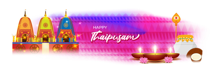 Vector illustration concept of Happy Thaipusam or Thaipoosam greeting with celebrating people, milk pot, spear, diya, coconut. Traditional Tamil Hindu Festival. 