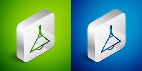 Isometric line Lamp hanging icon isolated on green and blue background. Ceiling lamp light bulb. Silver square button. Vector.