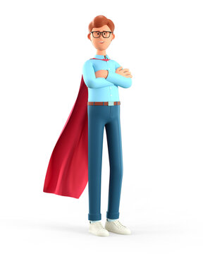 3D illustration of standing man in superhero cape with arms crossed. Cartoon smiling super business leader, isolated on white.