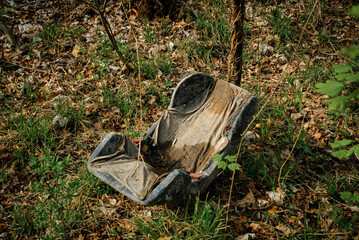 Abandoned baby seat in the forest near Strasbourg, France. A car seat growing old alone in a wood...