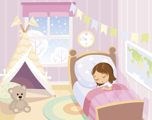 Child wakes up in the morning. Portrait of sleepy baby girl lying in the bed under cover in bedroom with teddy bear. Bed time for kids.Wish her sweet dreams.Get ready for bedtime.Kid prepare go to bed