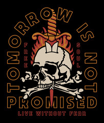 Fototapeta premium Skull with Flames and Dagger Tattoo Style Illustration with A Slogan Artwork on Black Background for Apparel or Other Uses