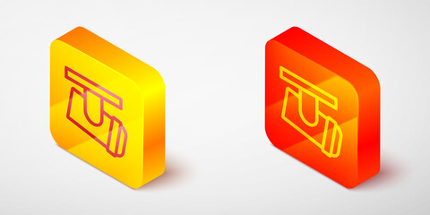 Isometric line Led track lights and lamps with spotlights icon isolated on grey background. Yellow and orange square button. Vector.