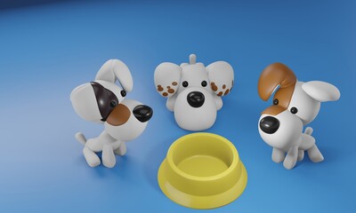 3D render cartoon dog jack russell terrier is hungry waiting for dog food