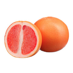 juicy, ripe, whole and cut in half grapefruit on a white isolated macro background