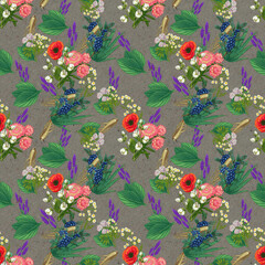 Hand drawn medicinal plant seamless pattern. Healing herbs drawing on craft paper.